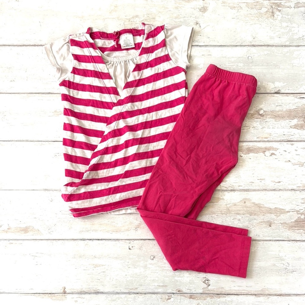Girls 6/6x Outfit Pink Leggings & Pink White Striped Short Sleeve Shirt 6 6x